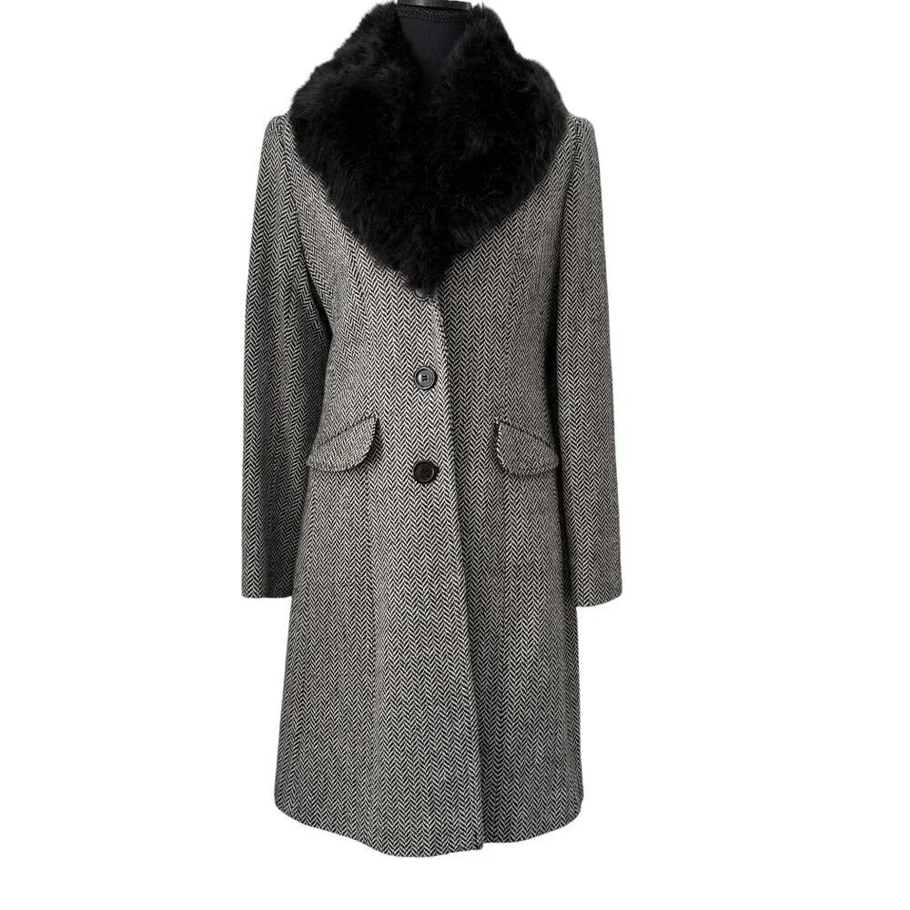 Vintage Y2K George Herringbone Faux Fur Collar Dress Coat Black Ivory Small